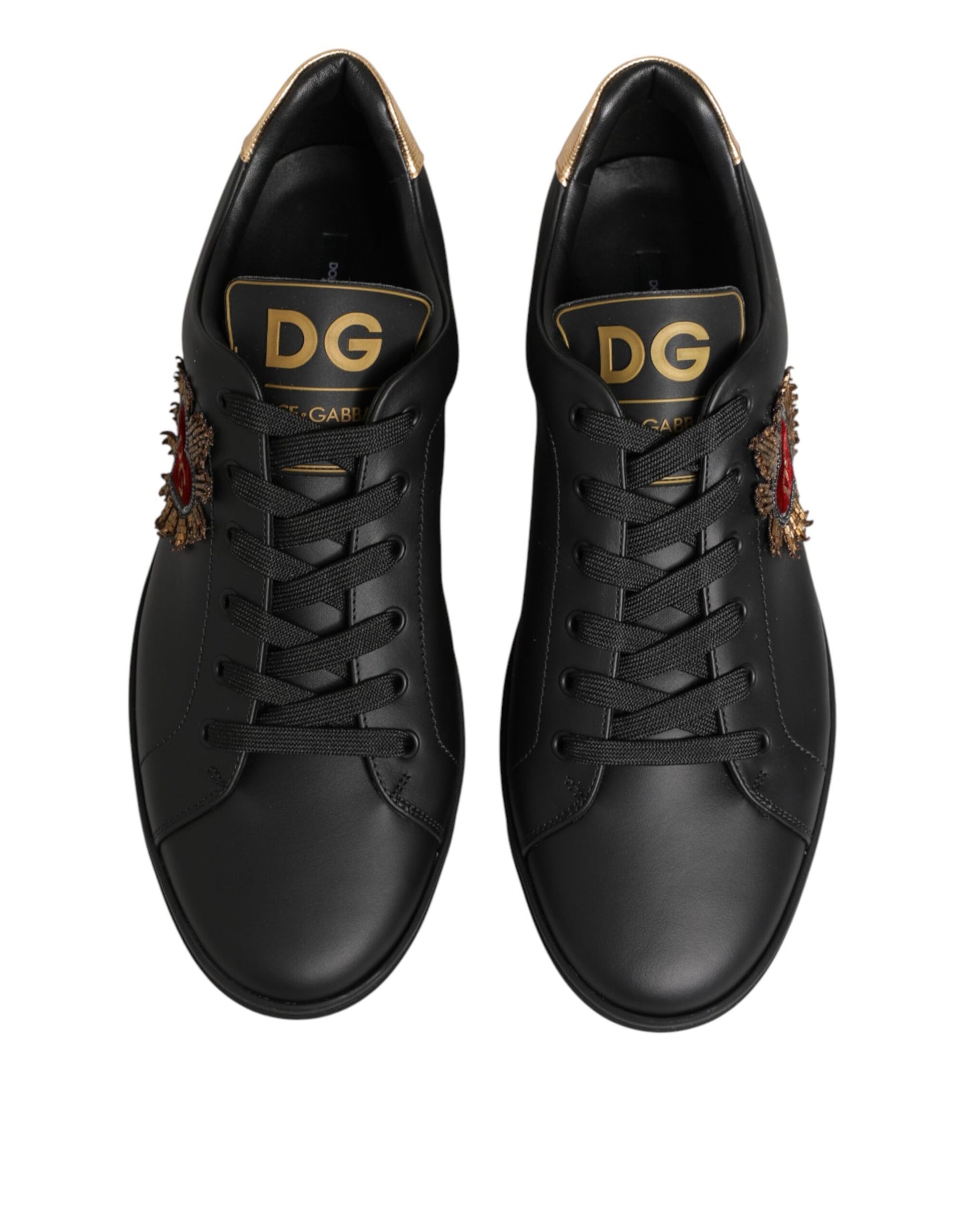 Black Leather Heart Embellished Sneakers Shoes