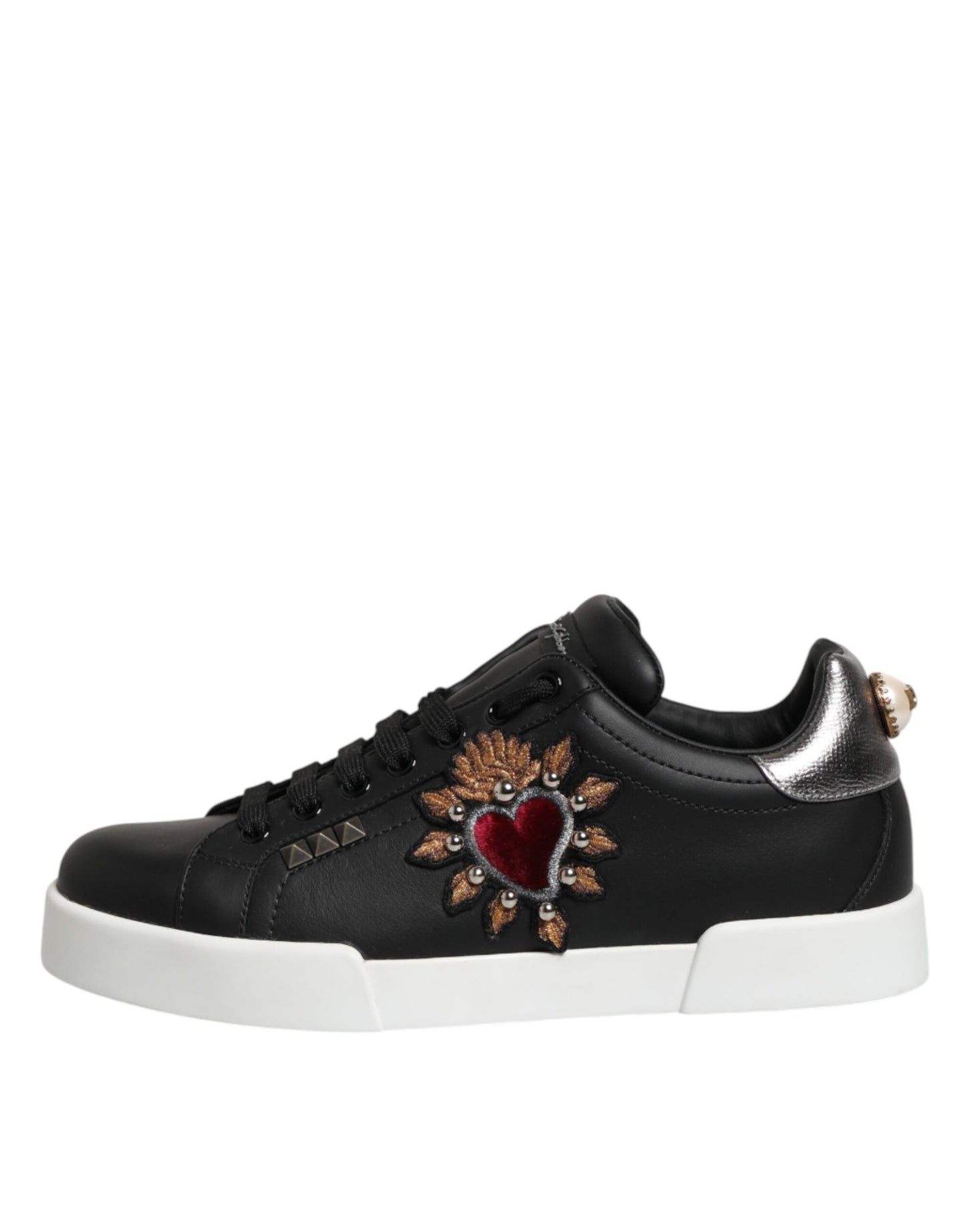 Black Leather Heart Embellished Sneakers Shoes