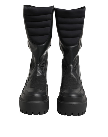 Black Leather Mid Calf Biker Boots Shoes