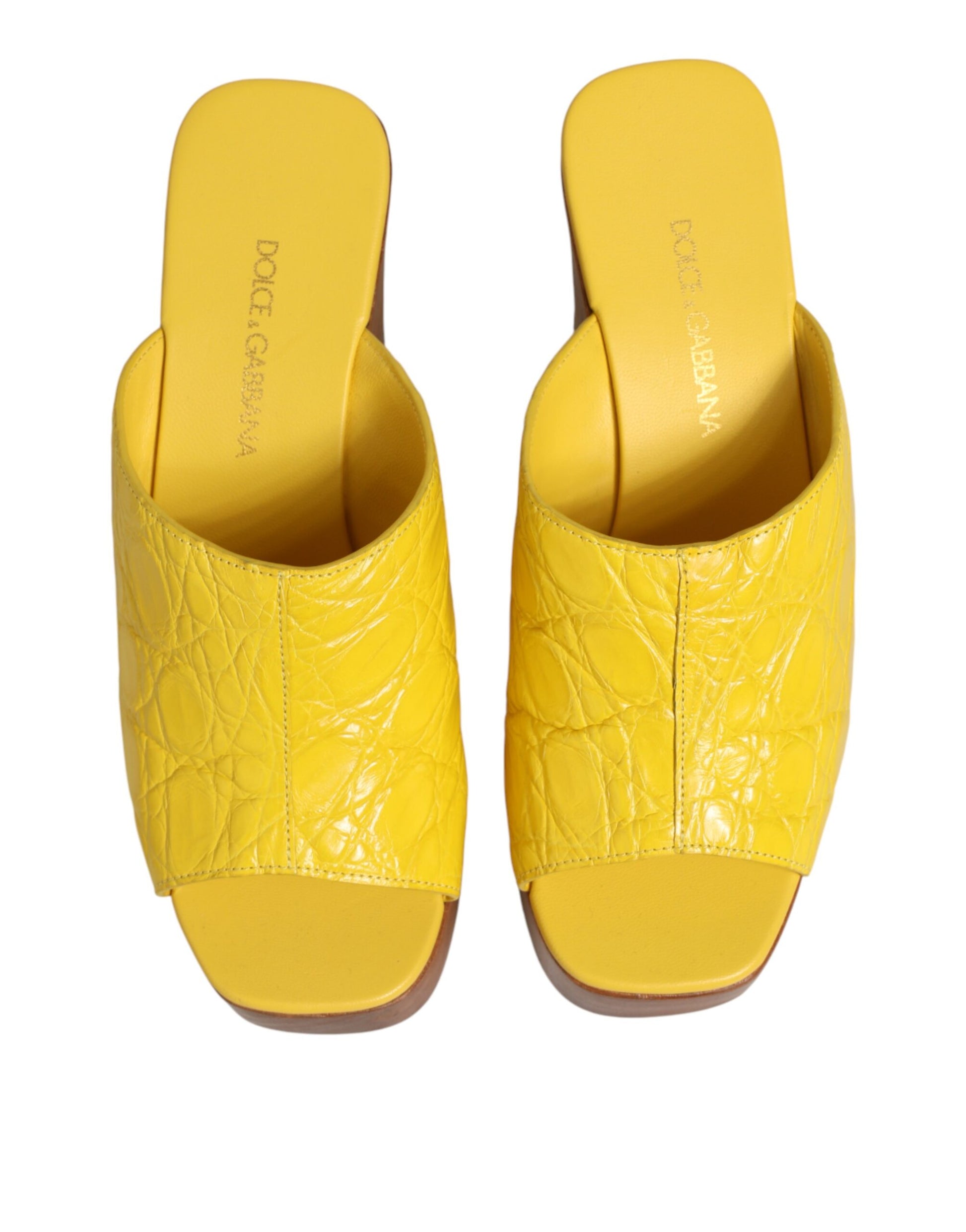 Yellow Leather Wood Mule Wedge Slides Shoes