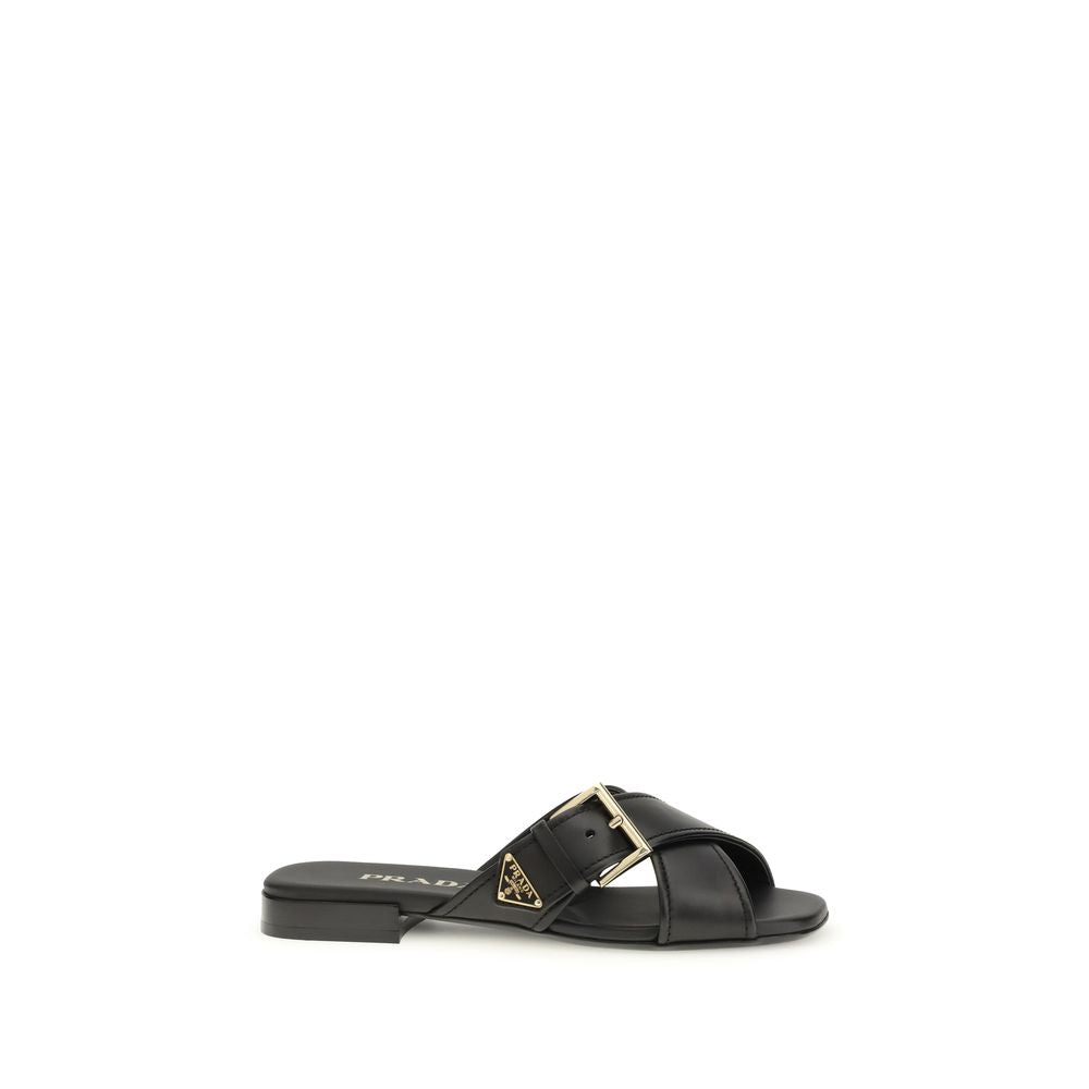 Black Calf Leather Bos Taurus Flat Sandals