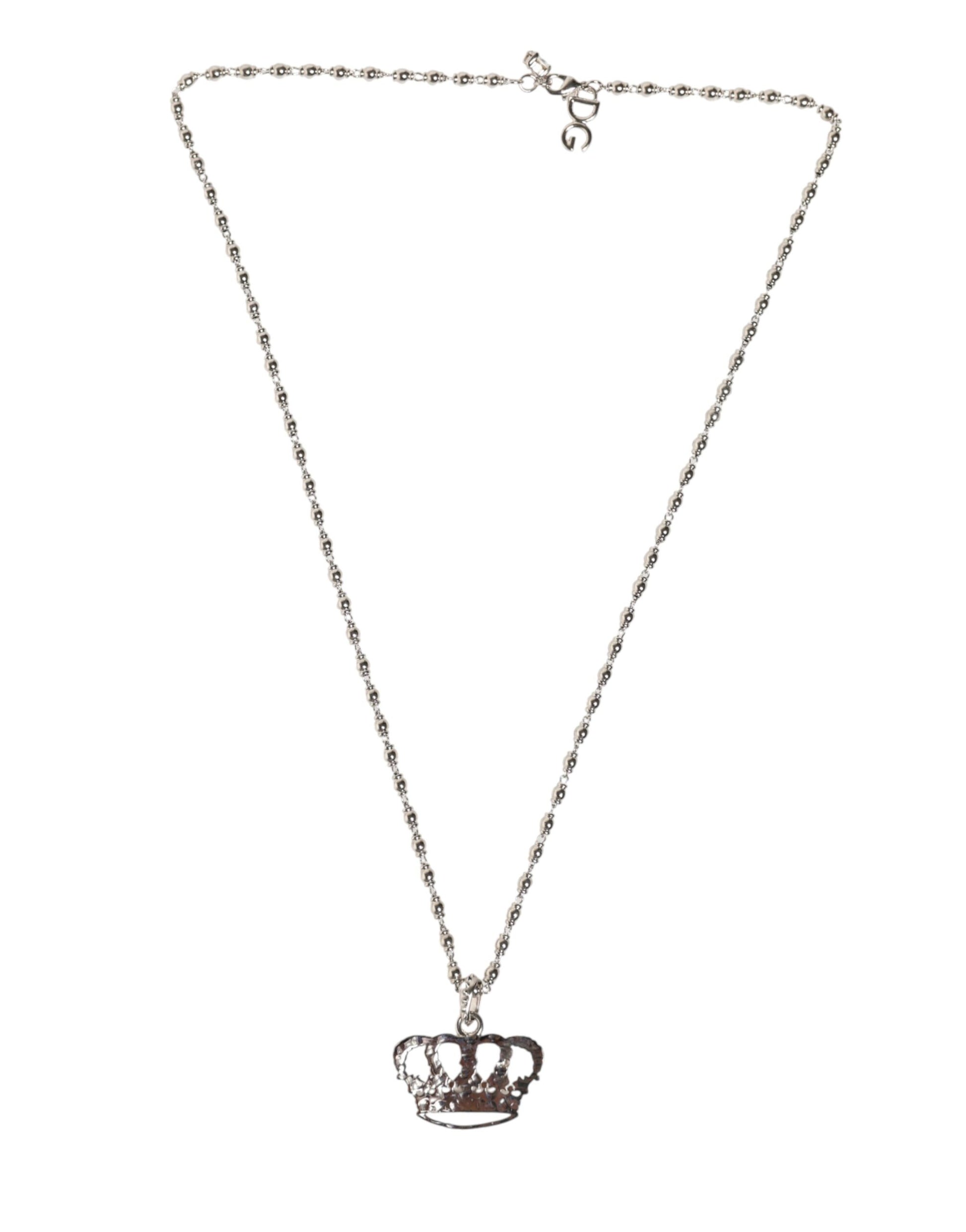 Silver Tone Brass Chain Crown Crystal Pendant  Necklace