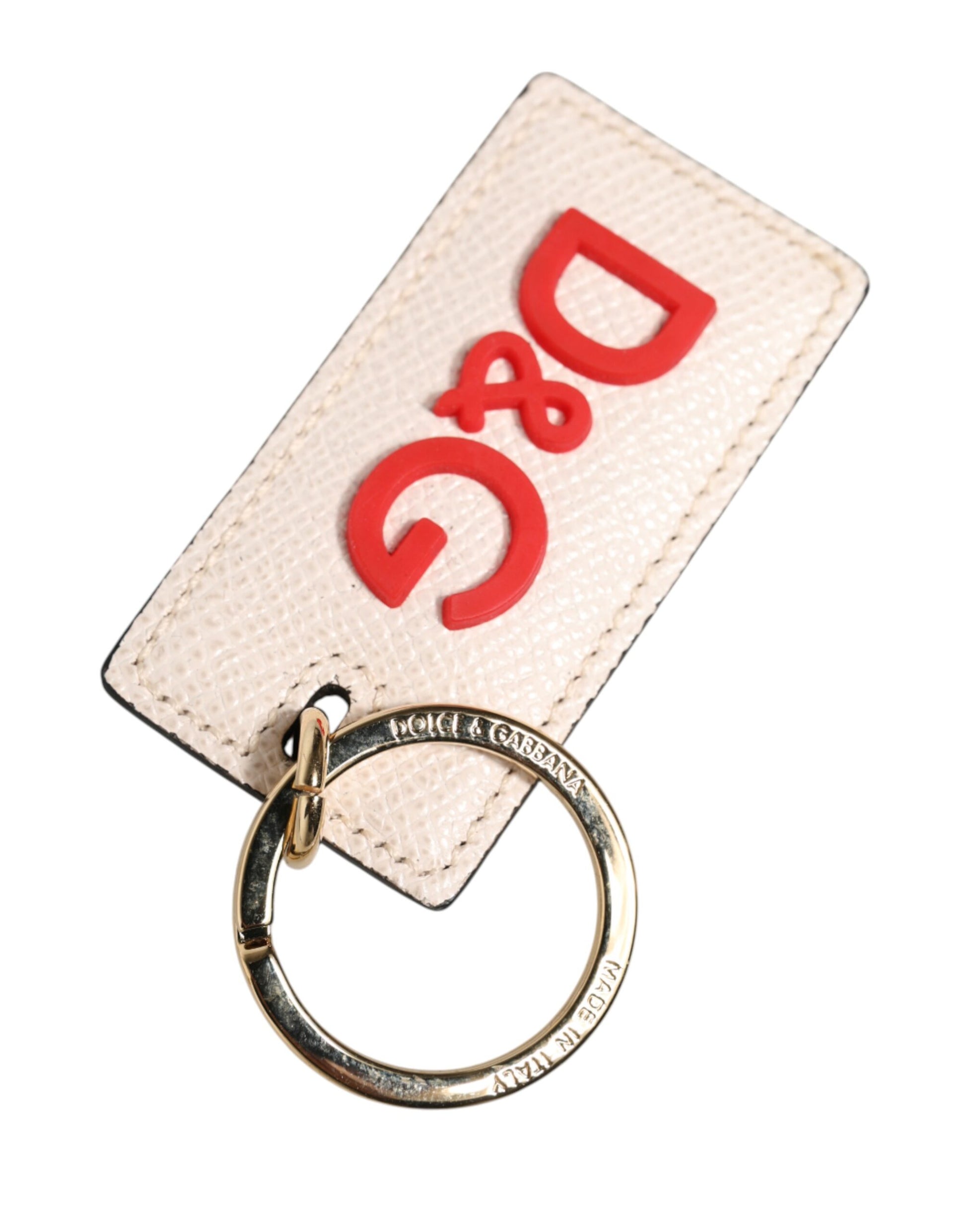 White Calf Leather D&G Logo Metal Ring Keychain Keyring
