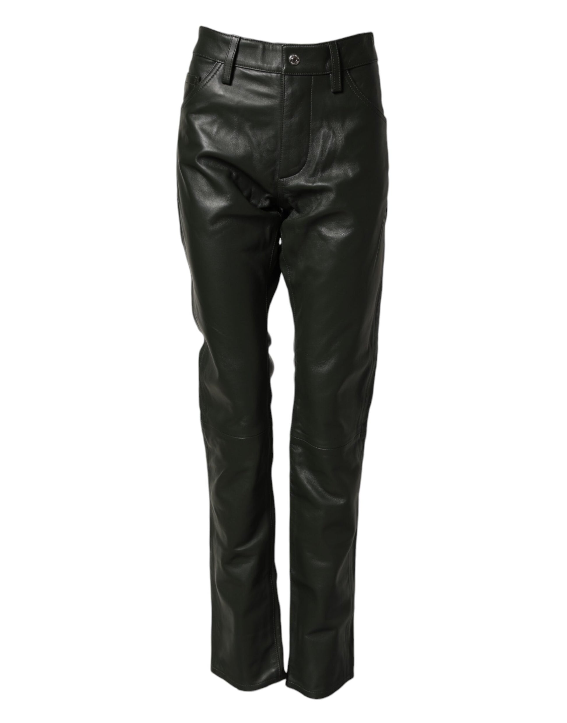 Black Full Grain Leather Mid Waist Trouser Pants