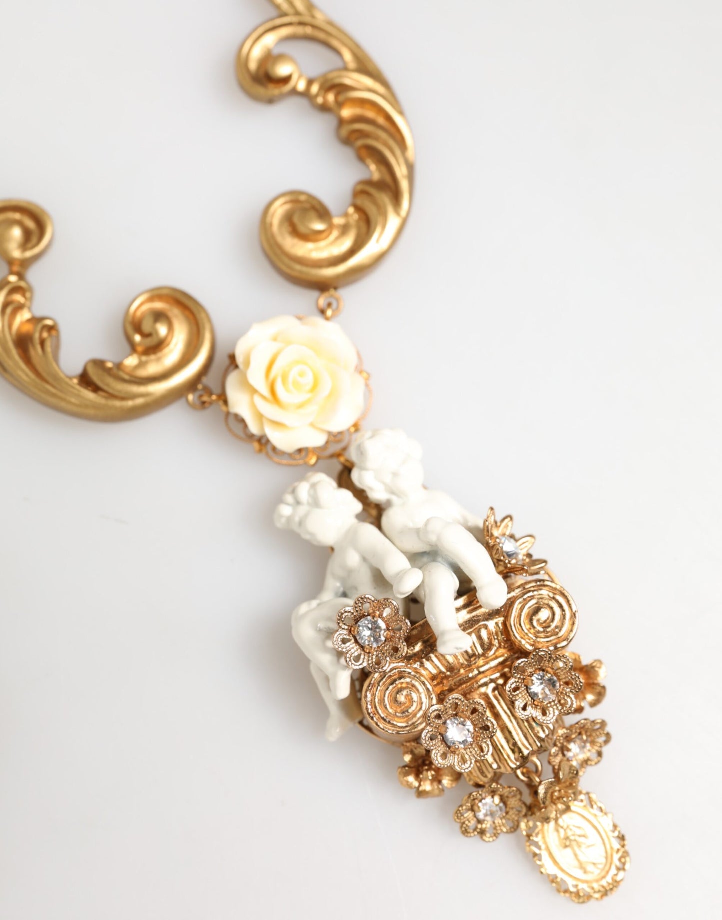 Gold Ceramic Crystal Cherub Baroque Pendant Necklace