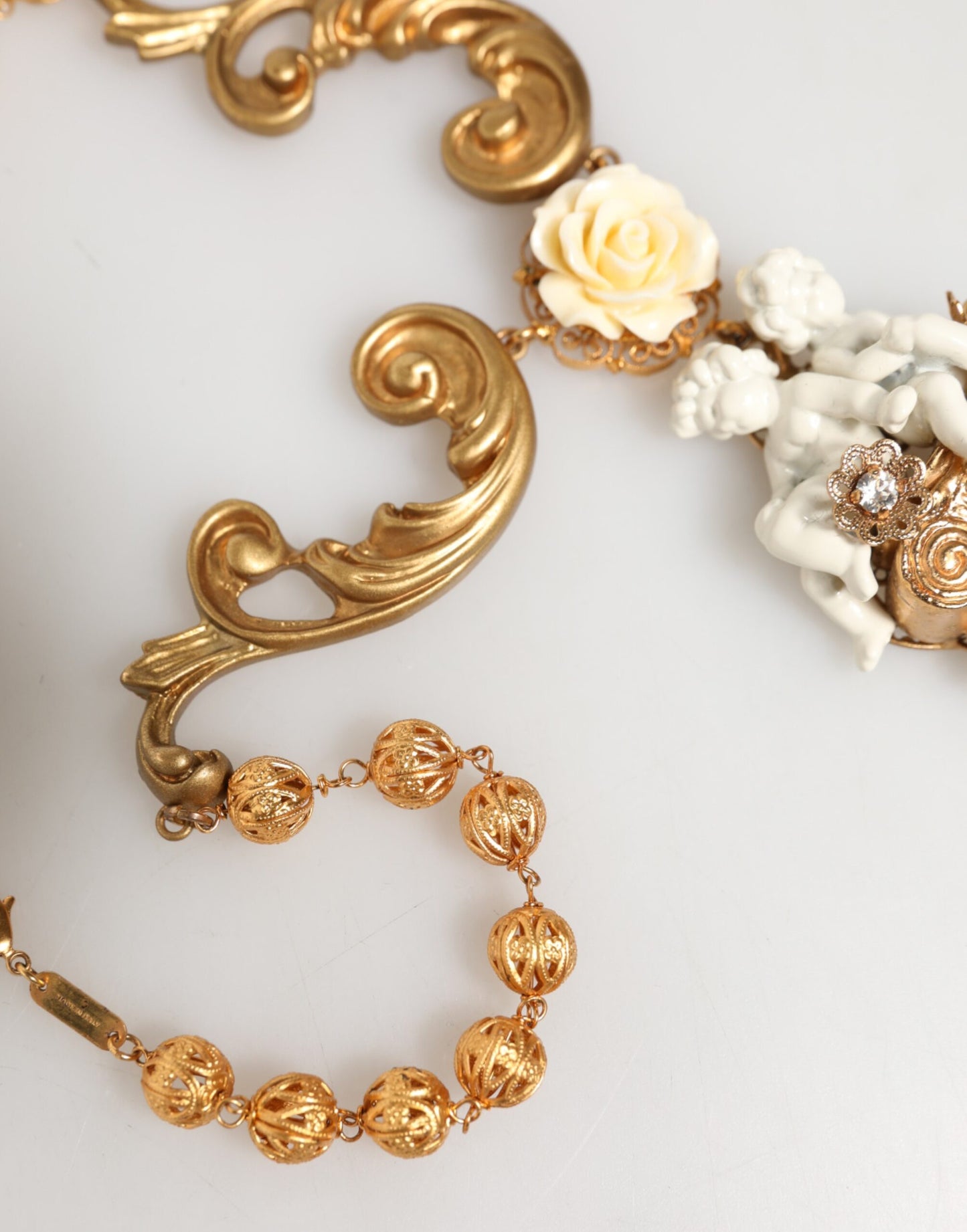 Gold Ceramic Crystal Cherub Baroque Pendant Necklace