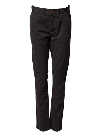 Dark Brown Cotton Stretch Straight Mid Waist Trouser Pants