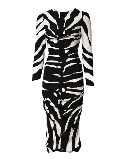 Black White Zebra Viscose Sheath Midi Dress