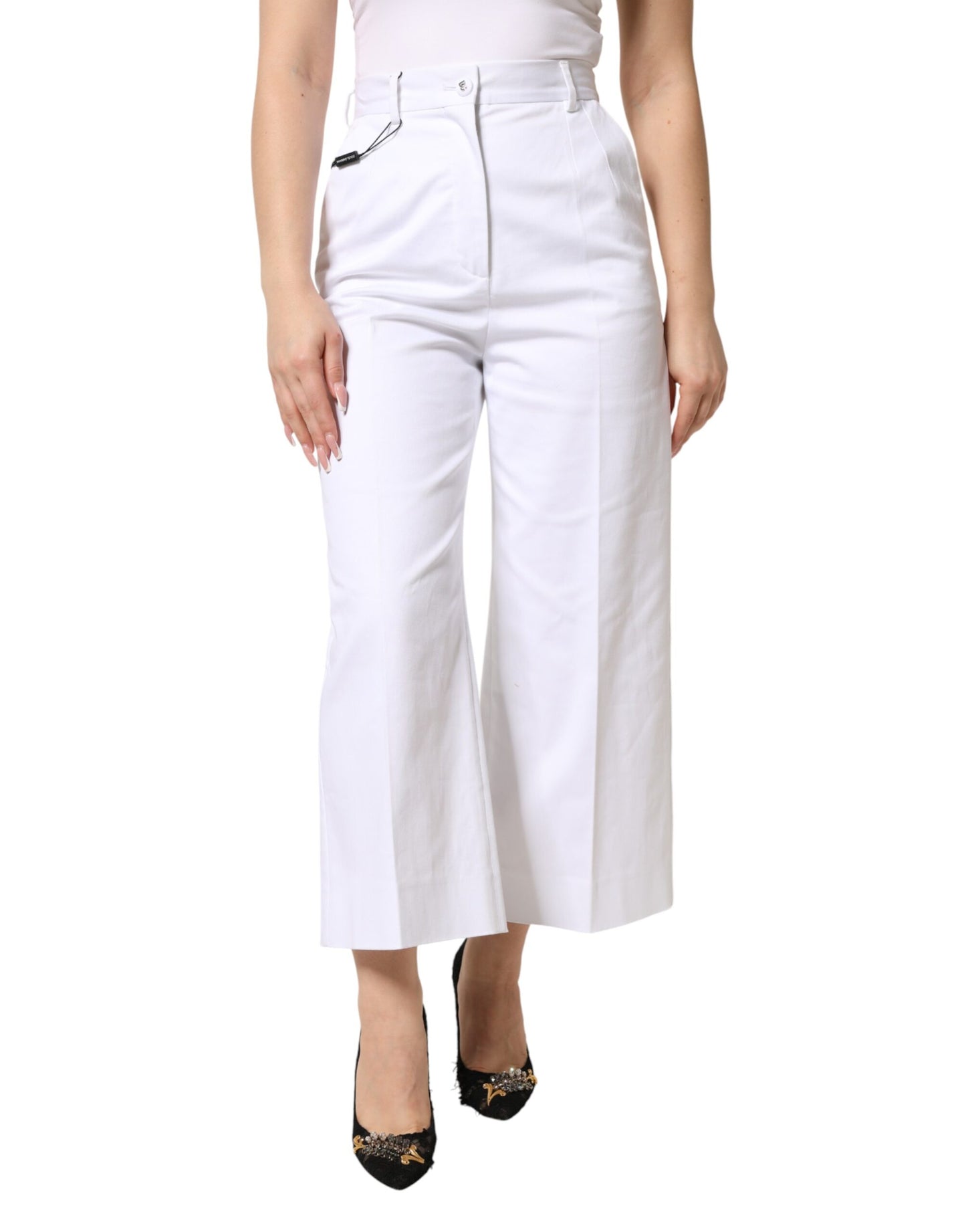 White Cotton High Waist WideLeg Cropped Pants