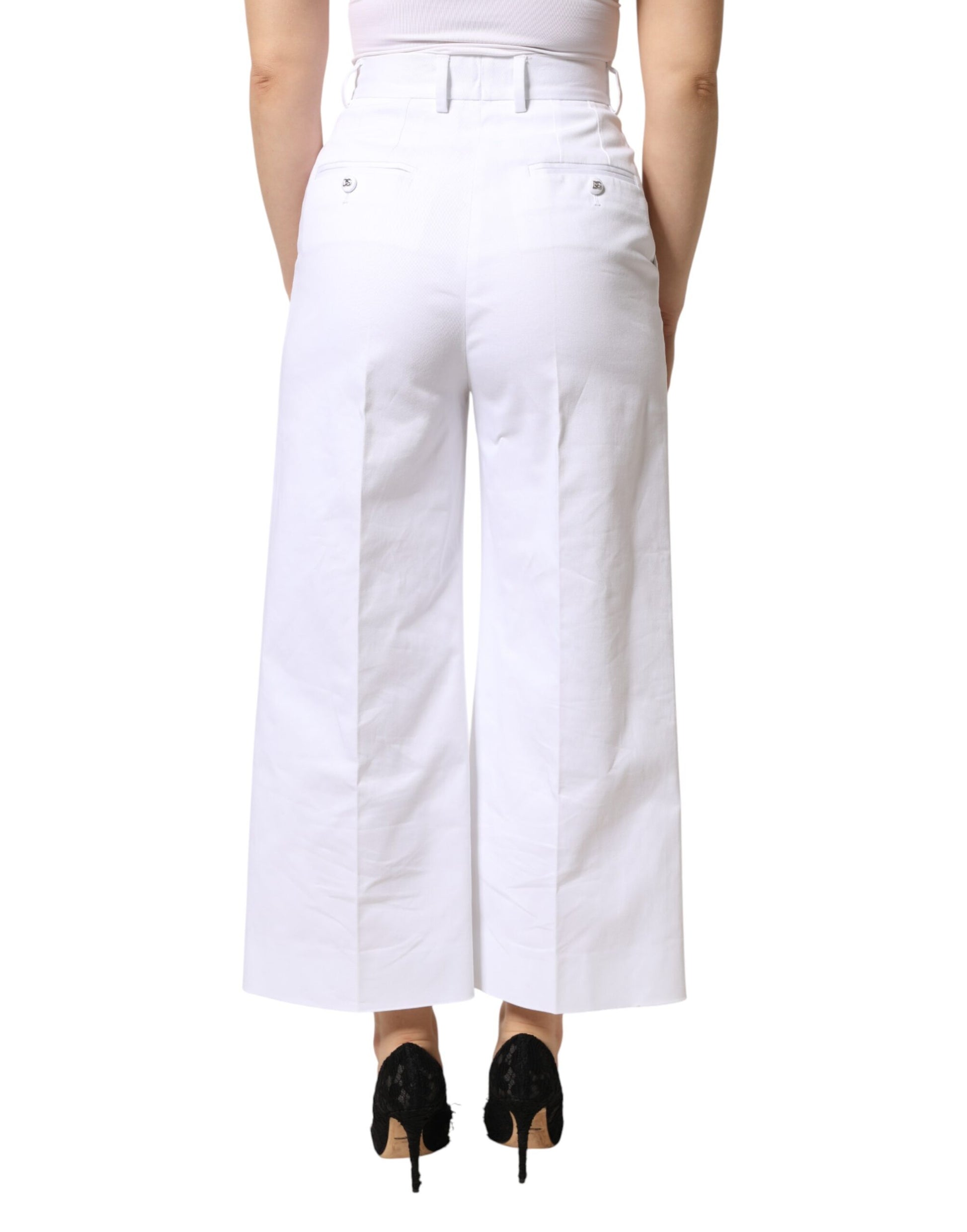 White Cotton High Waist WideLeg Cropped Pants
