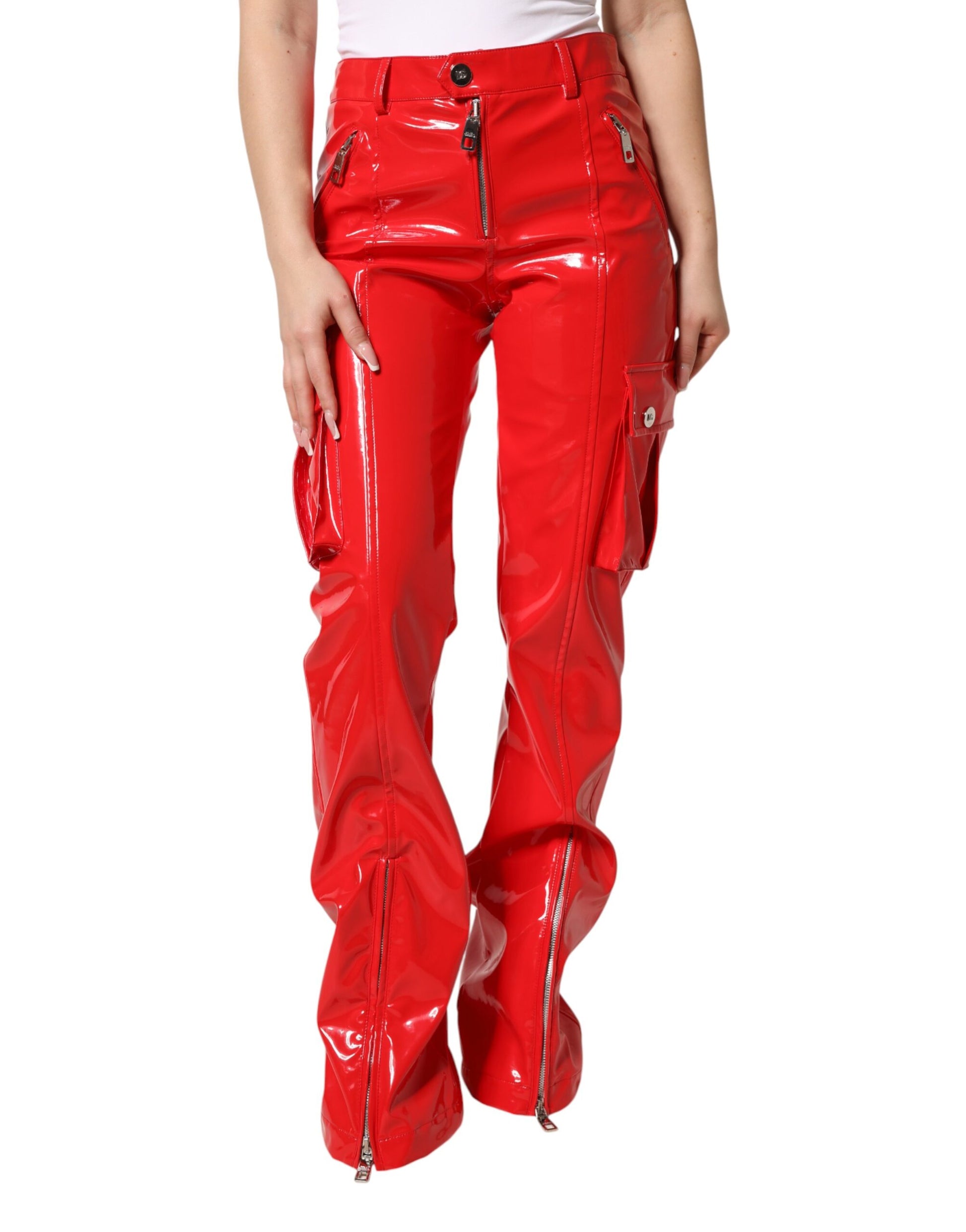Red Glossy Polyester Cargo Boot Cut Pants