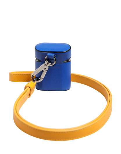 Blue Yellow Calfskin Leather Logo Strap Men Airpods Case