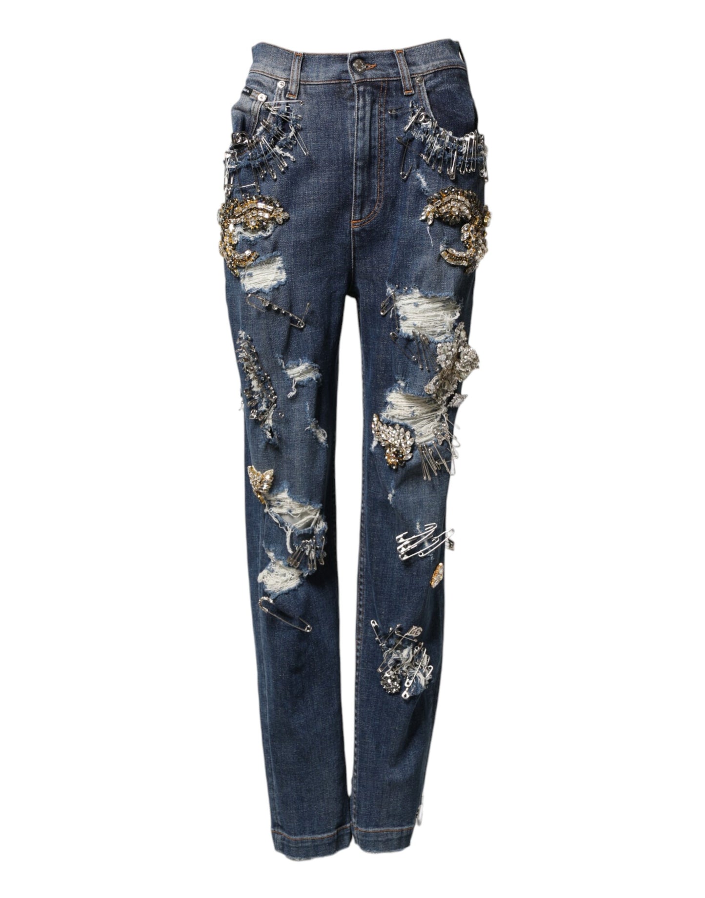 Blue Cotton Rhinestone Embellish Denim Jeans