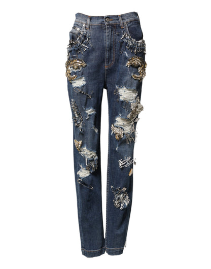 Blue Cotton Rhinestone Embellish Denim Jeans