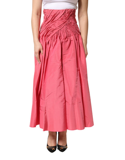 Pink Silk Pleated High Waist Midi Skirt
