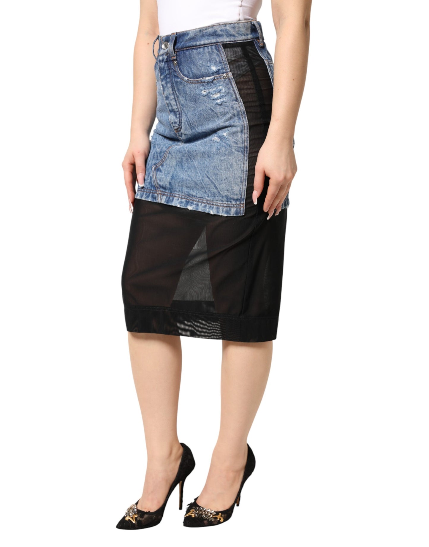 Blue Black Cotton Denim Sheer Midi Skirt