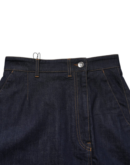 Dark Blue Cotton A-line Denim Midi Skirt