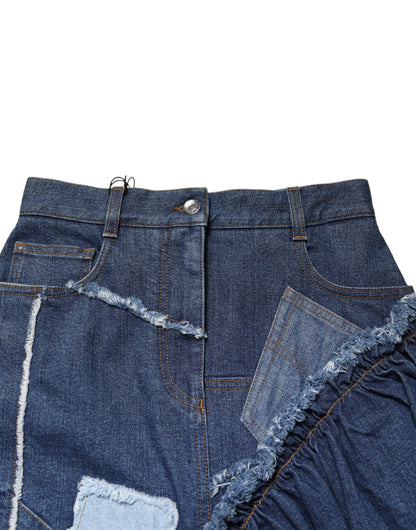 Blue Patchwork Layered Denim Midi Skirt