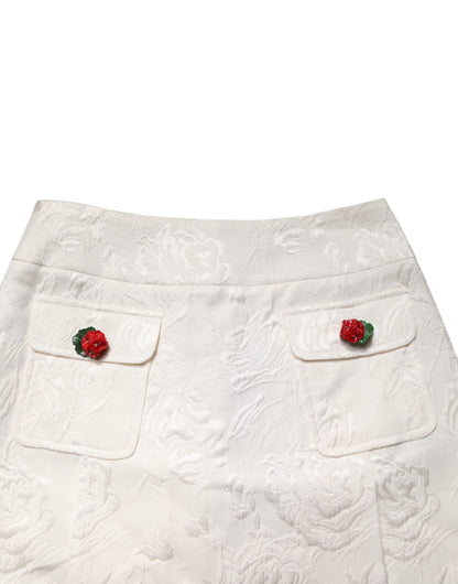 White Floral Brocade High Waist Mini Skirt