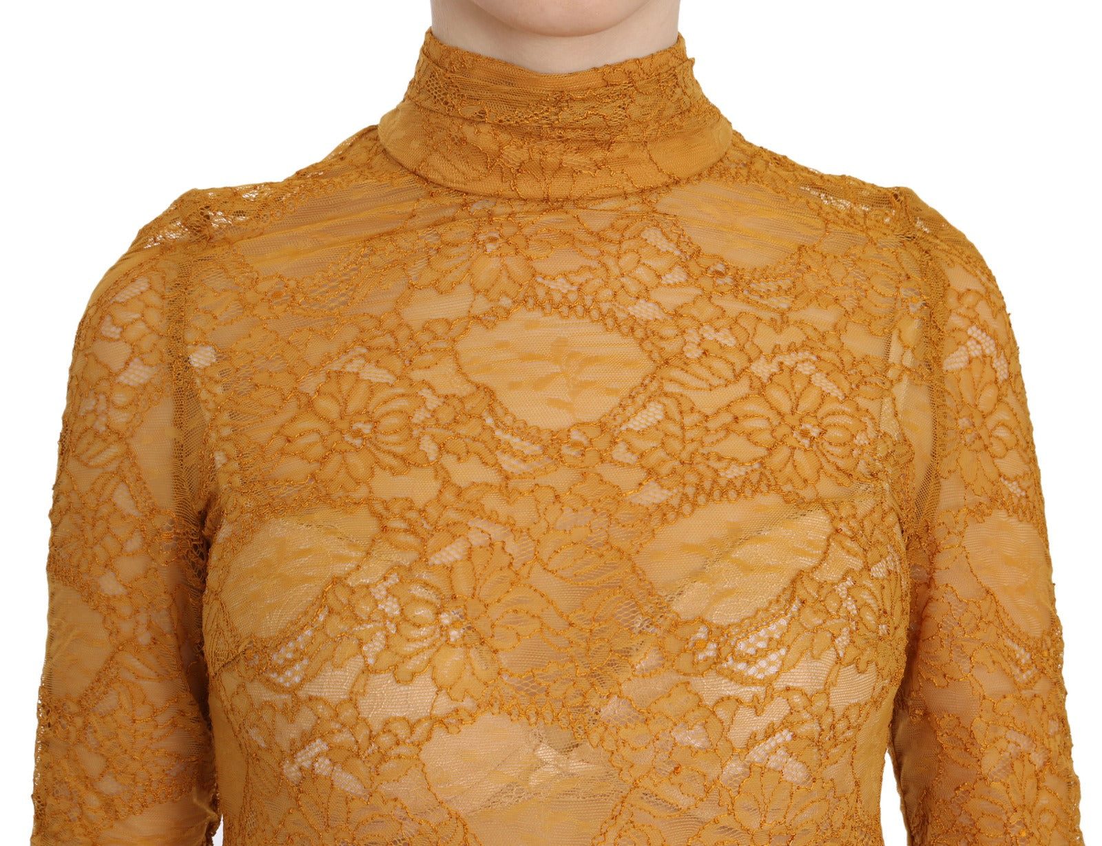 Mustard Turtle Neck Long Sleeve Lace Top Blouse