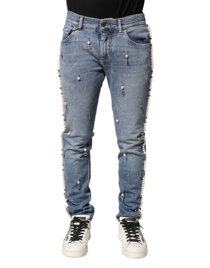 Blue Embellished Cotton Skinny Denim Jeans
