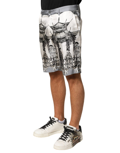 White Japanese Asian Print Silk Bermuda Shorts