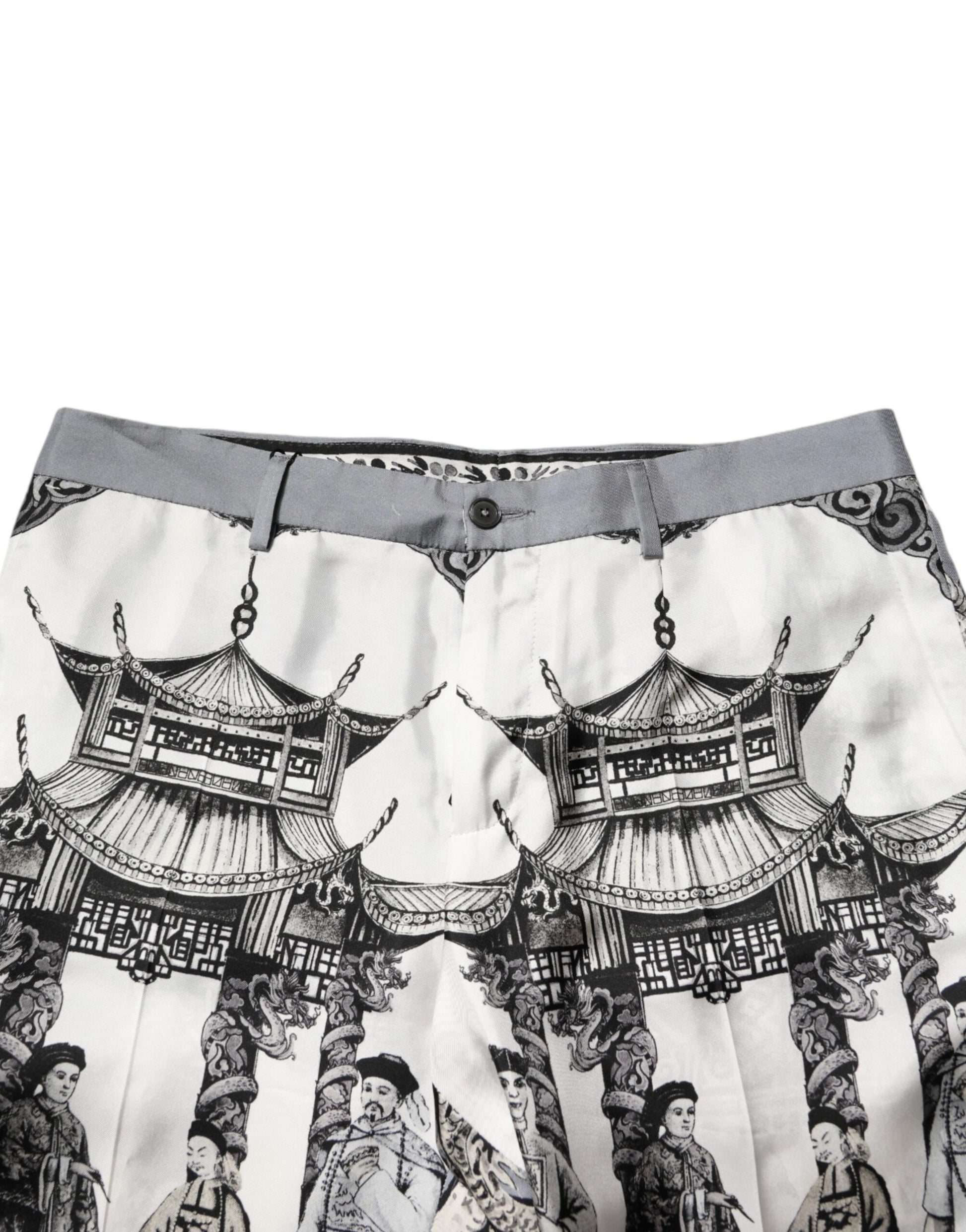 White Japanese Asian Print Silk Bermuda Shorts