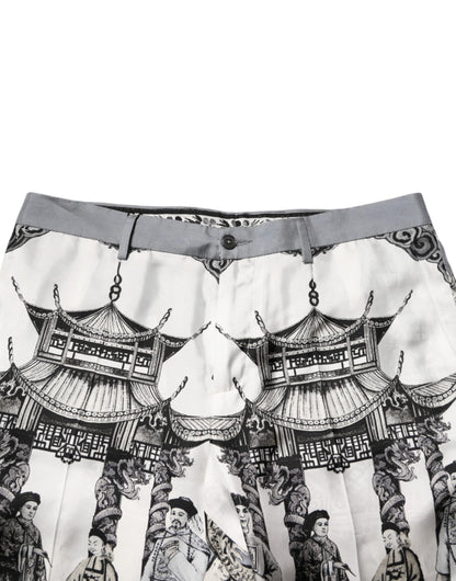White Japanese Asian Print Silk Bermuda Shorts