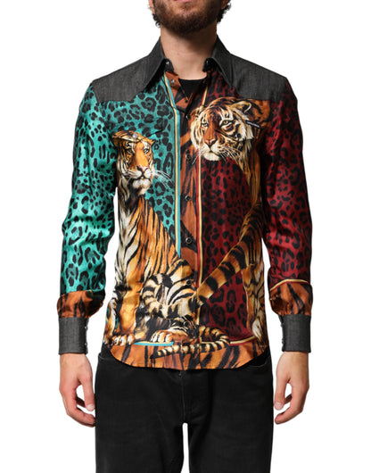 Multicolor Tiger Leopard Print Silk Men Shirt
