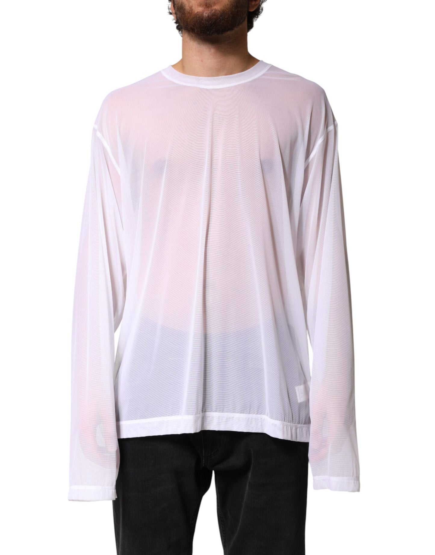 White Nylon Long Sleeves Crewneck T-Shirt