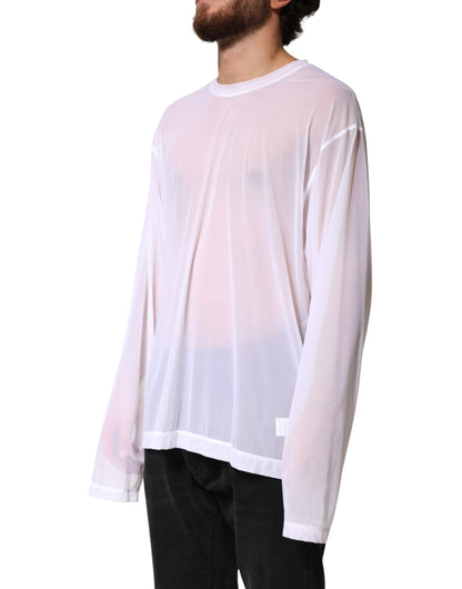 White Nylon Long Sleeves Crewneck T-Shirt