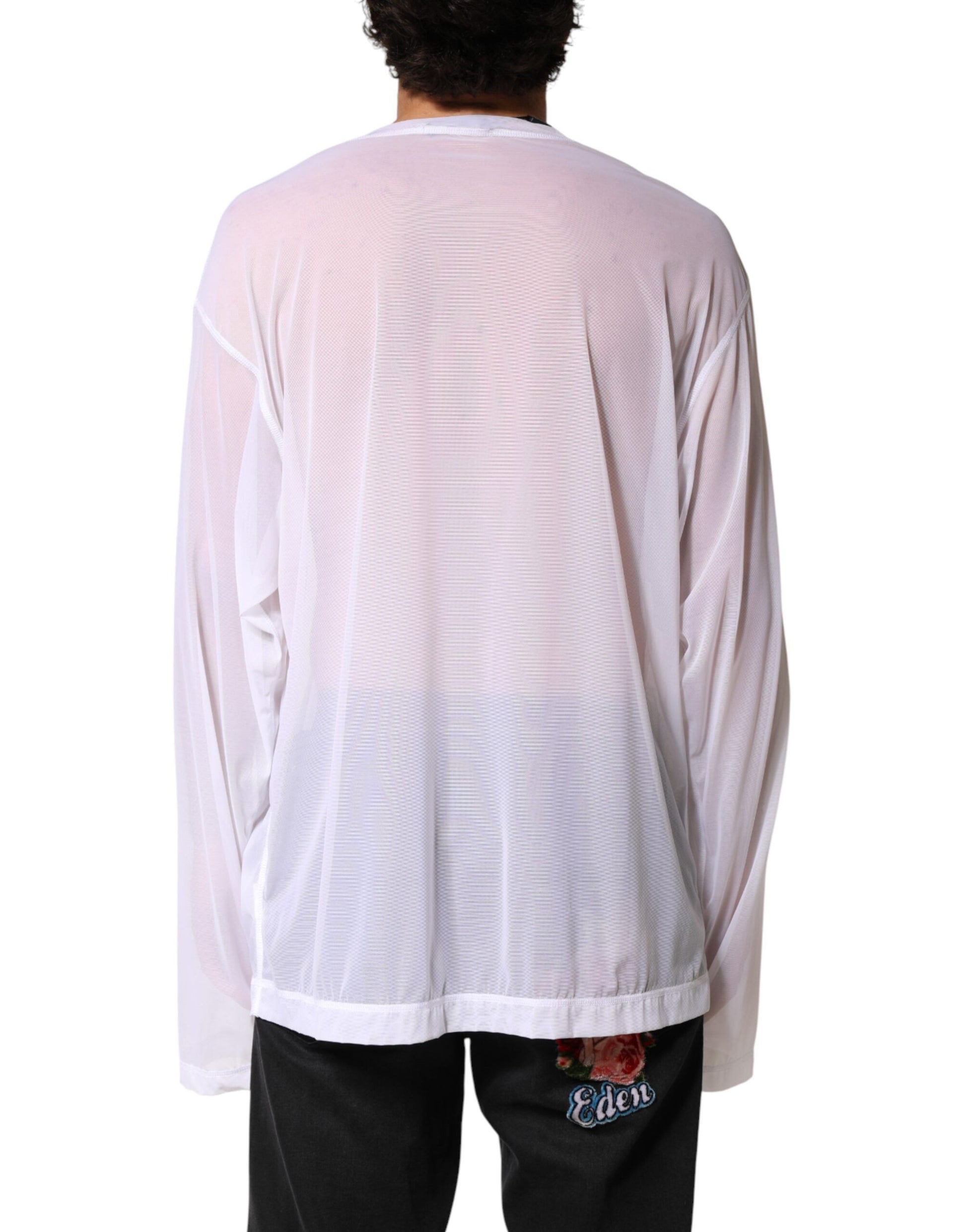 White Nylon Long Sleeves Crewneck T-Shirt