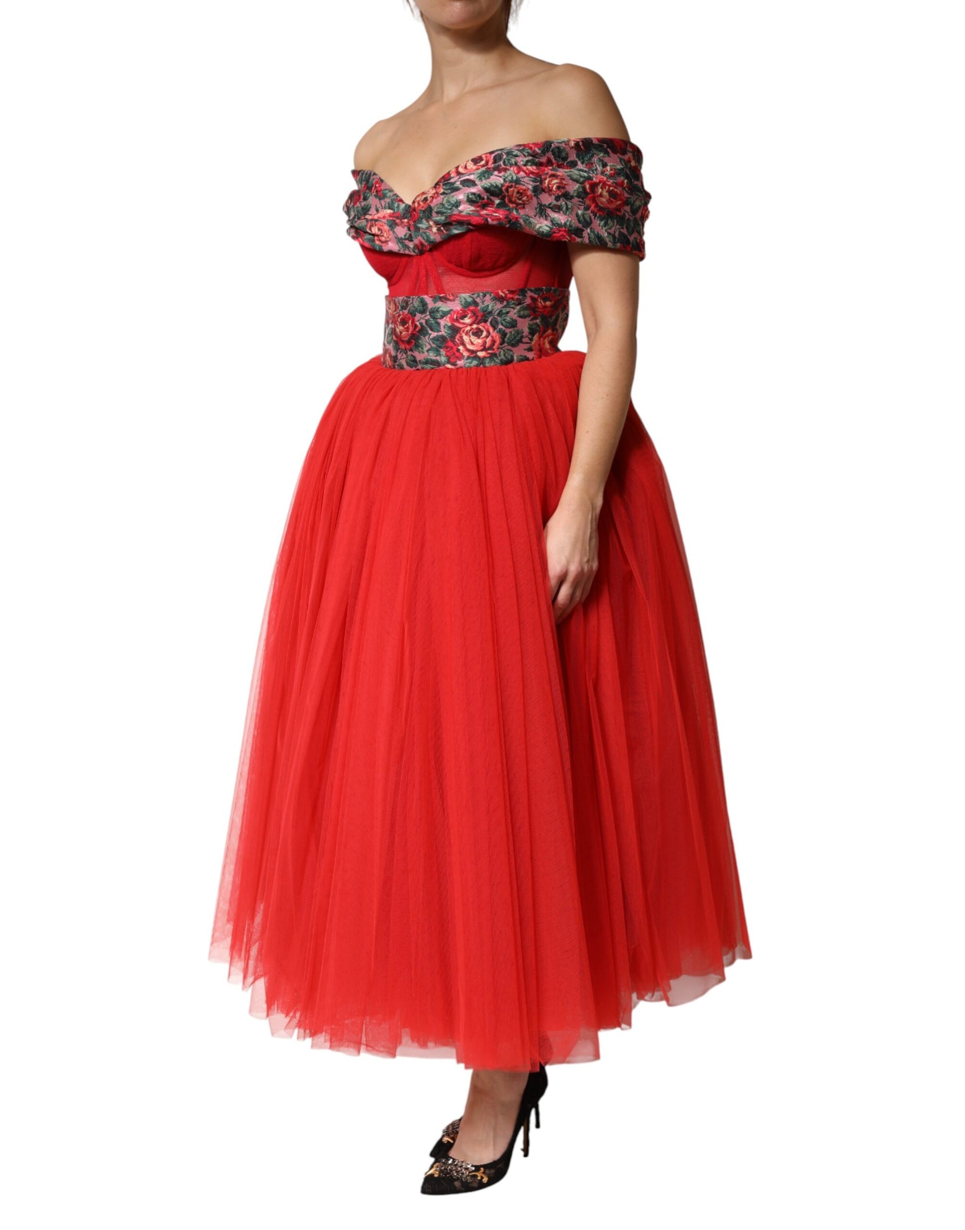 Red Floral Off Shoulder A-line Gown Dress