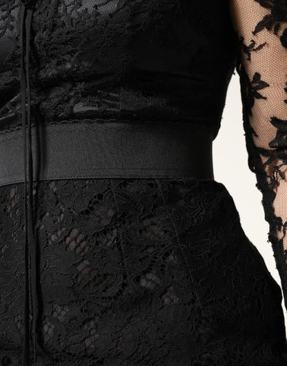 Black Lace Trim Cotton Sheath Midi Dress