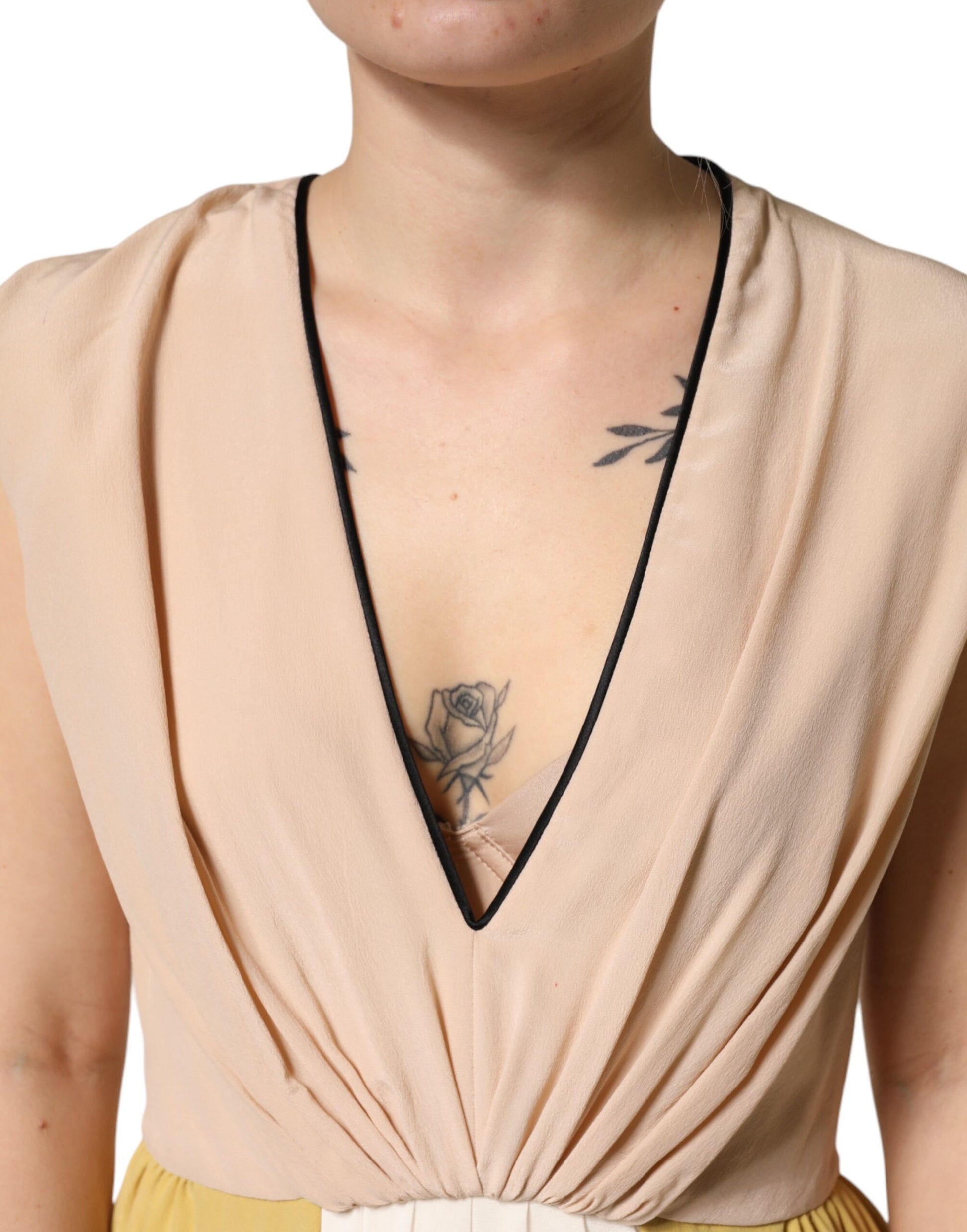 Multicolor Silk Deep V-neck Sleeveless Knee Length Dress