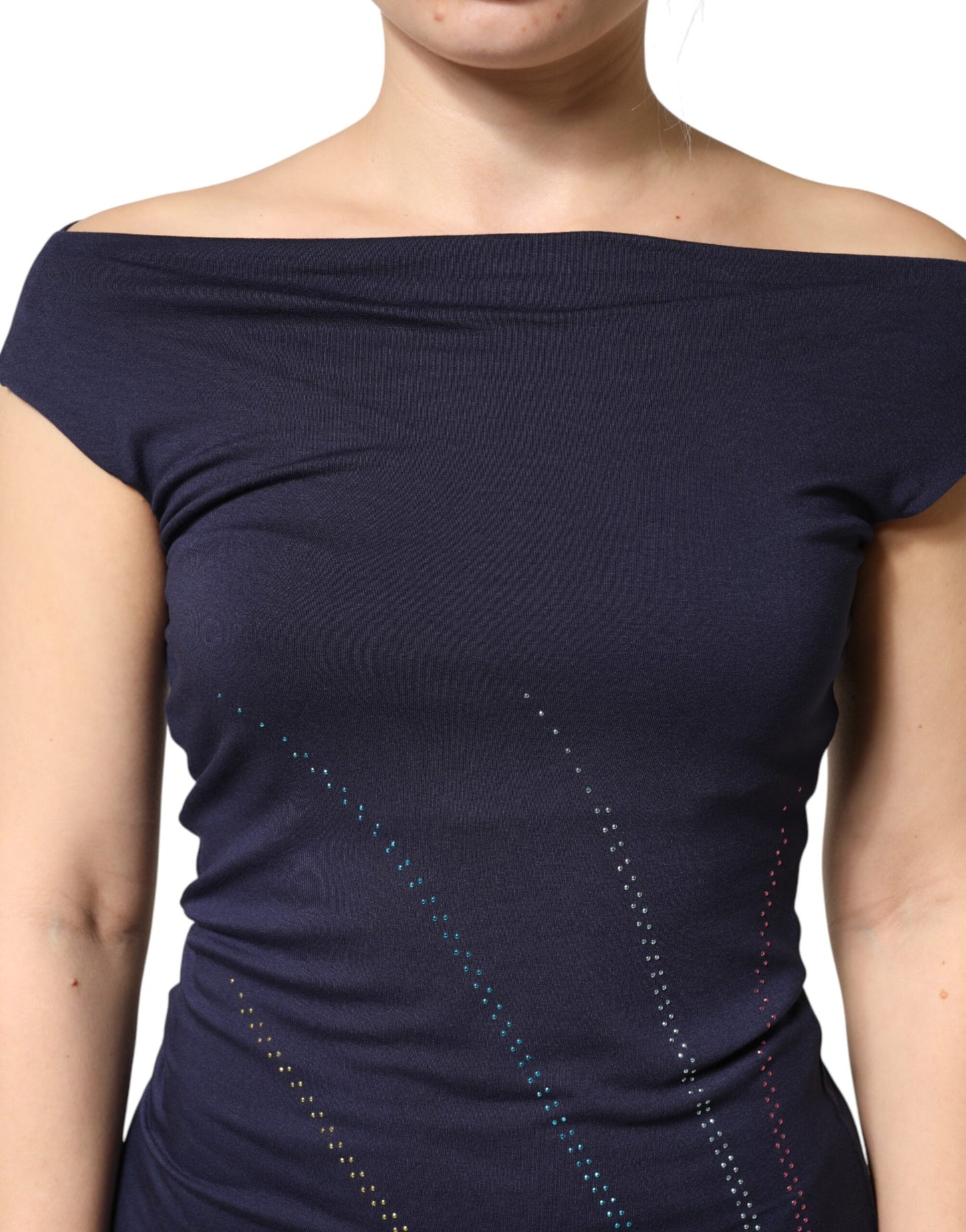 Blue Viscose Embellished Off Shoulder Mini Dress