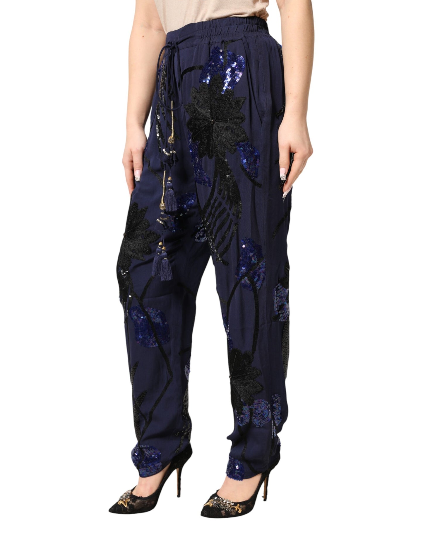 Blue Sequined Tapered Trouser Pants