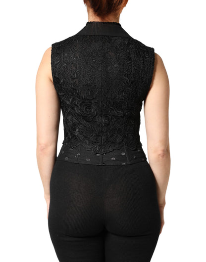 Black Lace V-neck Slit Hem Gathered Waist Vest Jacket