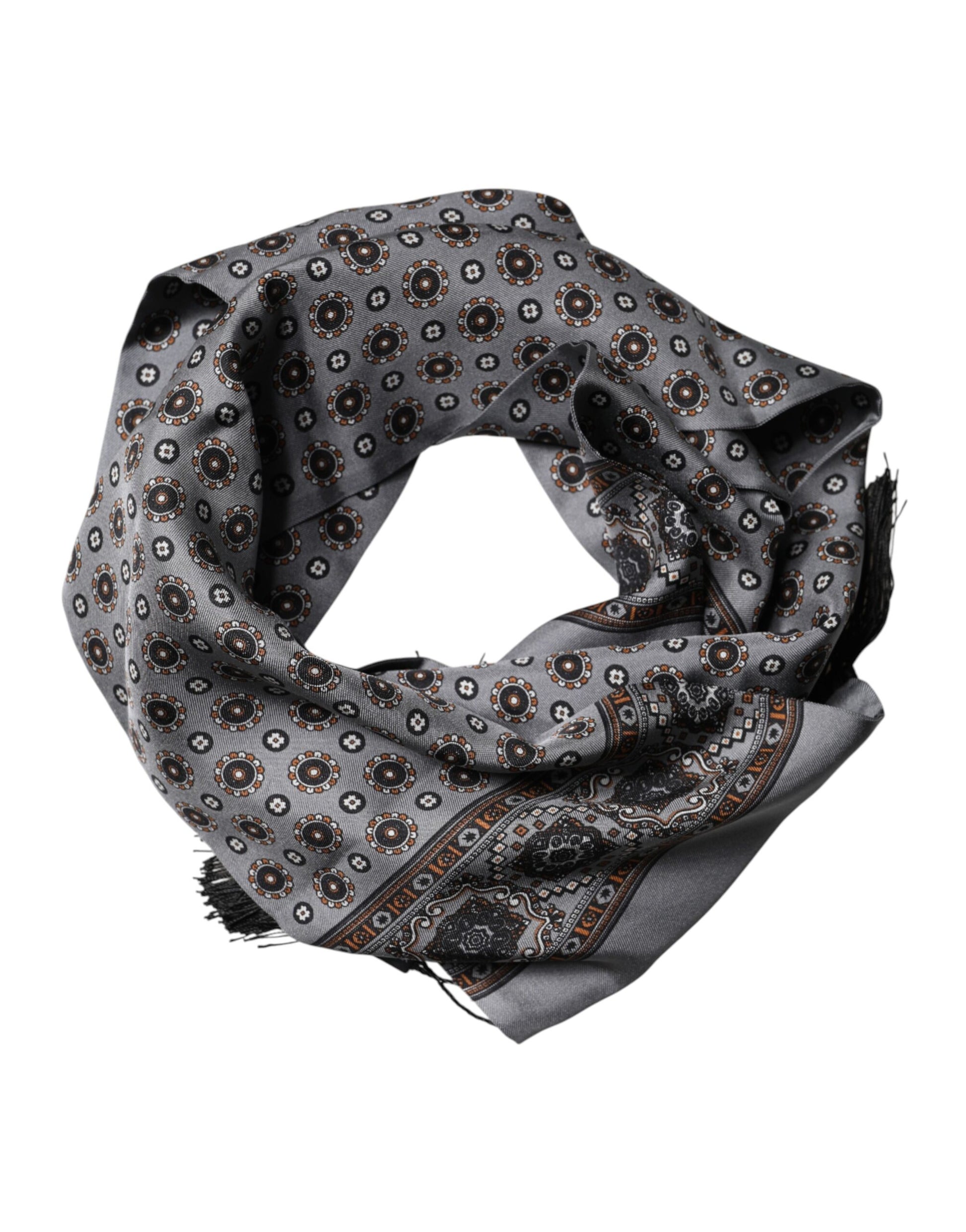 Gray Patterned Fringes Neck Foulard Scarf