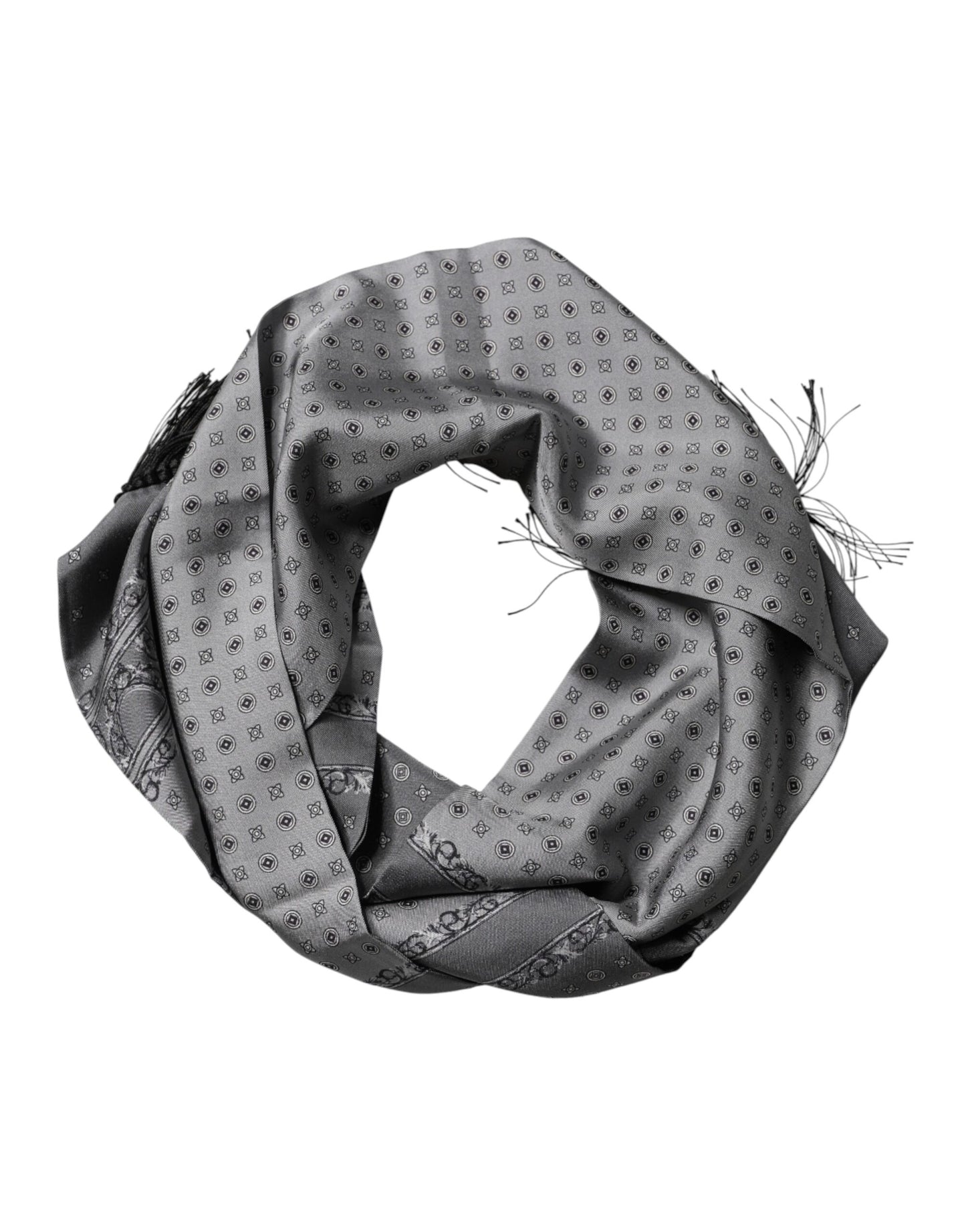 Gray Patterned Fringes Neck Foulard Scarf